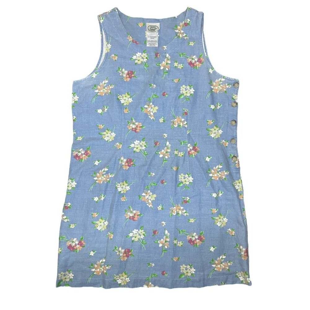 Vintage Laura Ashley Linen Blend Blue Floral Dress Button Up Side Size 12 ($97)